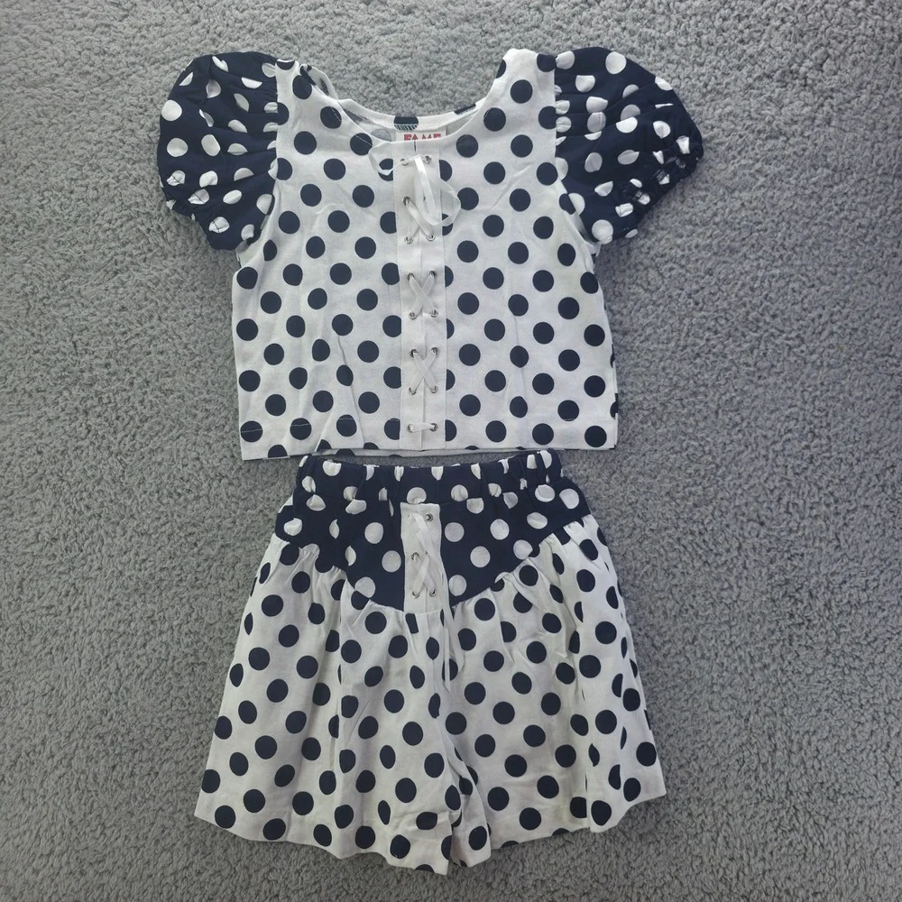 Vintage Fame Clothing Co Polka Dot Top and Shorts Set Navy White Kids 6X USA 90s